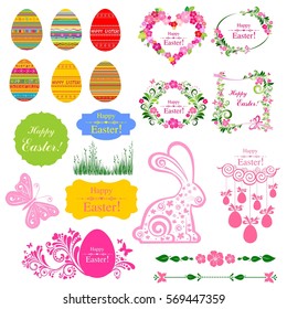 Vintage Easter Set. Collection of design elements isolated on White background. Vector illustration