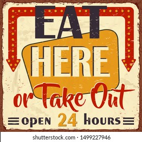 Vintage Eat Here metal sign.Retro poster 1950s style.