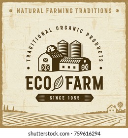 Vintage Eco Farm Label. Editable EPS10 vector illustration with clipping mask and transparency in retro woodcut style.