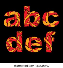 Vintage eco style font decorated with herbal pattern, floral delicate small letters with red seasonal autumn leaves.