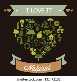 Vintage Ecological Illustration with Heart Shaped Icon Collection