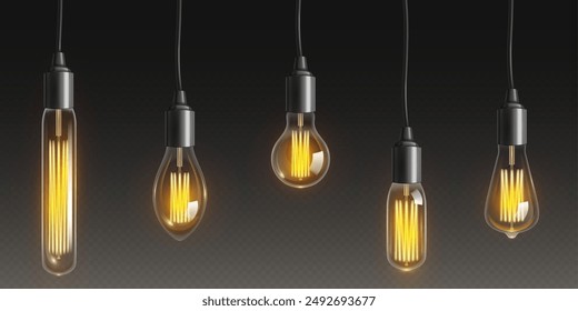 Bombilla Antiguas edison con Vector filamento realista. Lámpara incandescente colgante de techo retro para decoración interior. Objeto eléctrico antiguo del resplandor en cordón para la decoración del patio. Elemento luminoso de lujo