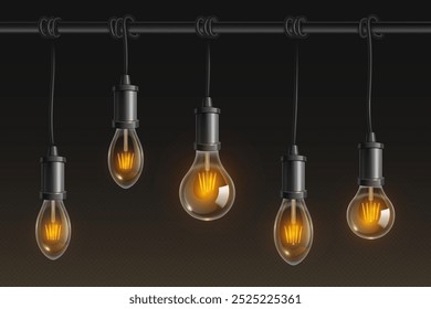 Luz de lâmpada de Edison vintage com vetor de filamento realista. Retro teto pendurado lâmpada incandescente para decoração interior. Objeto de brilho elétrico antigo no cordão para decoração do pátio. Elemento luminoso de luxo