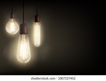 Vintage Edison light bulb is glowing in the dark. Technology retro background with copy space. Stock vector illustration.