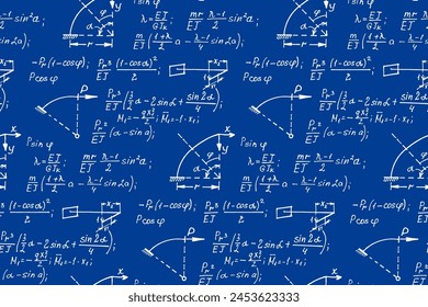 Vintage education background. Geometry law theory and mathematical formula equation on whiteboard. Vector hand-drawn illustration. Blueprint.