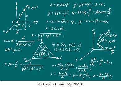 Vintage education background. Geometry law theory and mathematical formula equation on school board. Vector hand-drawn illustration.