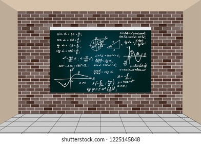 
Vintage education background. Math law theory and mathematical formula equation on blackboard.  Education and scientific 3D background.
