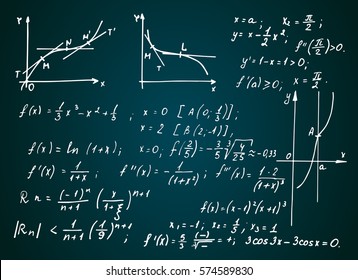 Vintage education background. Math law theory and mathematical formula equation on blackboard. Vector hand-drawn illustration.