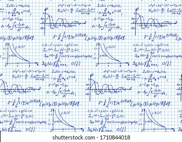 Vintage education background. Mathematical law theory and formula equation on notebook page. Vector hand-drawn seamless pattern.