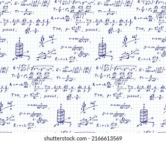 Vintage education background. Mathematical law theory and formula equation on notebook page. Vector hand-drawn seamless pattern.