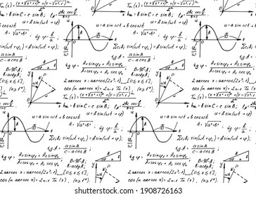 Vintage education background. Trigonometry law theory and mathematical formula equation on whiteboard. Vector hand-drawn seamless pattern.