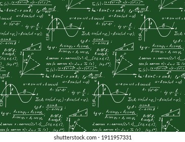 Vintage education background. Trigonometry law theory and mathematical formula equation on school board. Vector hand-drawn seamless pattern.