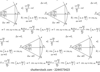 Vintage education background. Trigonometry law theory and mathematical formula equation on whiteboard. Vector hand-drawn seamless pattern.