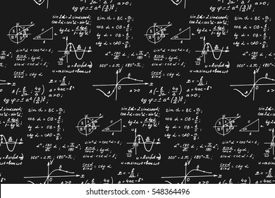 Antecedentes educativos de época. Teoría de la ley de trigonometría y ecuación de fórmula matemática en la pizarra. Patrón transparente dibujado a mano por vectores.