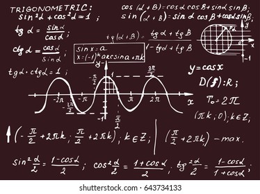 Vintage education background. Trigonometry law theory and mathematical formula equation on blackboard. Vector hand-drawn illustration.