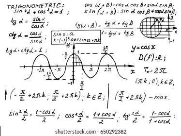 Vintage Education Background. Trigonometry Law Theory And Mathematical Formula Equation On Whiteboard. Vector Hand-drawn Illustration.