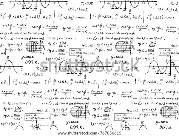 ビンテージ教育の背景 ホワイトボード上の三角法の法則と数式 ベクター手描きのシームレスなパターン のベクター画像素材 ロイヤリティフリー