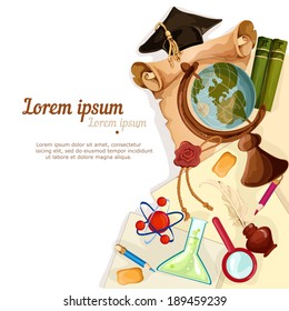 Vintage education graduation diploma globe paper flask magnifier background vector illustration