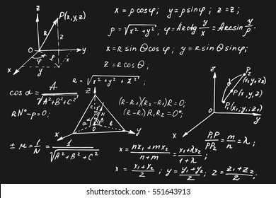 Vintage Education And Scientific Background. Geometry Law Theory And Mathematical Formula Equation On Blackboard. Vector Hand-drawn Illustration.