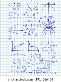 Vintage education and scientific background. Math law theory and mathematical formula, equation and scheme on workbook. Vector hand-drawn set.