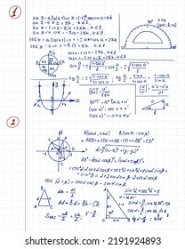 Vintage education and scientific background. Math law theory and mathematical formula, equation and scheme on workbook. Vector hand-drawn set.