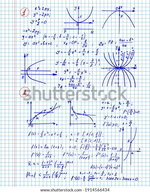 Vintage education and scientific\
background. Math law theory and mathematical formula, equation and\
scheme on workbook. Vector hand-drawn\
set.