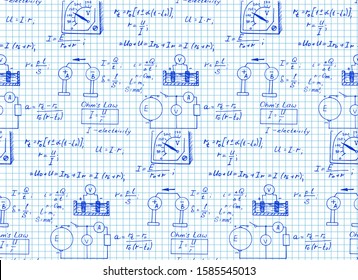 Vintage education and scientific background. Physics law theory and mathematical formula equation on notebook page. Vector hand-drawn seamless pattern.