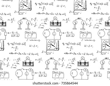 Vintage education and scientific background. Physics law theory and mathematical formula equation on whiteboard. Vector hand-drawn seamless pattern.