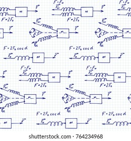 Vintage education and scientific background. Physics law theory and mathematical formula, equation and outlines on notebook paper. Vector hand-drawn seamless pattern.