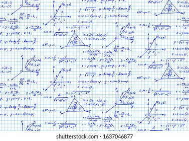 Vintage education and scientific seamless pattern. Geometry law theory and mathematical formula equation on workbook. Vector hand-drawn illustration.