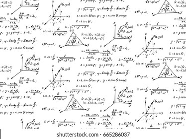 Vintage education and scientific seamless pattern. Geometry law theory and mathematical formula equation on whiteboard. Vector hand-drawn illustration.