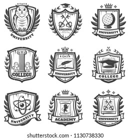 Vintage educational coat of arms set with university college and academy elements isolated vector illustration