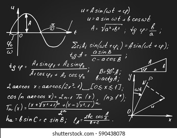 Vintage educational and scientific background.  Math law theory and mathematical formula equation,  schedule on blackboard. Vector hand-drawn chalkboard.