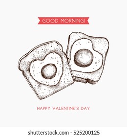 Vintage egg in a basket illustration. Hand drawn card design for Valentine's day. Good Morning! Vector template.