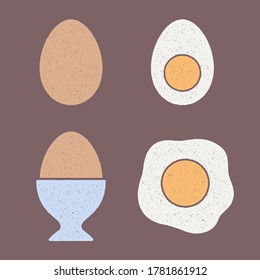 Illustrationen von Vintage-Eiern. Graue Vektoreier mit grauer Textur. Braun, hart gekocht, gebratene Sonnenseite oben, Ei in einer Tasse.