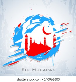 Vintage Eid Mubarak background with mosque and moon on blue and red grungy background 