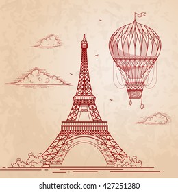 Torre Eiffel vintage y globo de aire. Dibujo retro grabado. Ilustración vectorial.