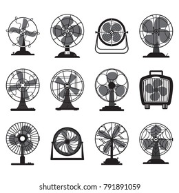Vintage electric fan solid icons, Twelve grey scale electric fan solid icons, Vector illustration, Cartoon solid icons, Retro vintage fan icons