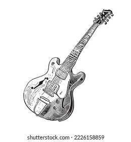 Vintage electric guitar sketch hand drawn engraving style vector illustration 