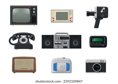 Vintage electronic gadget 80s 90s technology device set realistic vector illustration. Old fashioned retro analog equipment tvset recorder gamepad video photo camera telephone pager radio music player