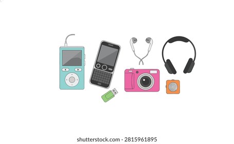 Vintage electronic gadgets collection including an old mobile phone, camera, music player, headphones, and portable speaker.