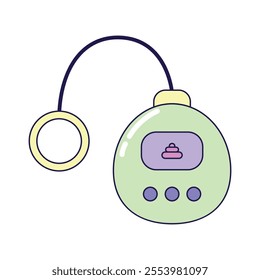 Vintage Electronic Pet Toy on white background. Retro illustration with outline in 90s style. Isolated vector illustration.