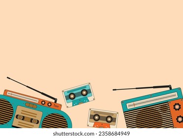 Vintage Electronic Vector. SHOTLIST1990. Cassette tape tv classic,  copy space.