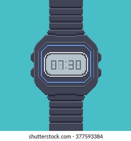 Vintage Electronic Wrist Watch - Vector Illustration in Pixel Art Classical Technique