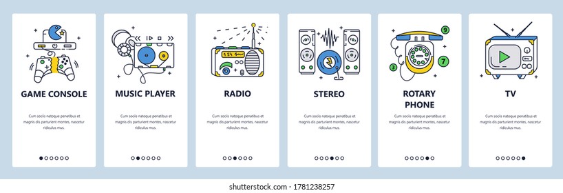 Electrónica de época, equipo de audio, consola de juegos, teléfono rotatorio. Dispositivos electrónicos retro. Pantallas de aplicaciones móviles. Plantilla de banner vectorial para el desarrollo de sitios web y móviles. ilustración de diseño de sitio Web.