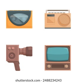 Vintage electronics icon set with colorful symbols of oldfashioned technology including television, radio, camera, and scale in nostalgic 80s and 70s era. Vector illustration