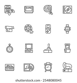 Vintage electronics line icons set, outline vector symbol collection, linear style pictogram pack. Signs, logo illustration. Set includes icons as console game, cd music player, retro camera, old tv