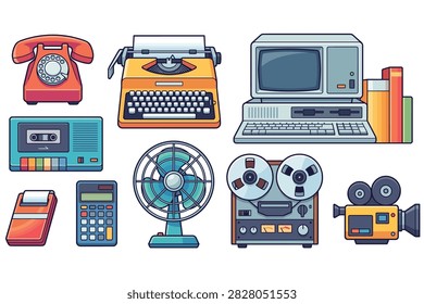 Vintage electronics set featuring retro computer typewriter phone and classic analog gadgets