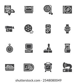 Vintage electronics vector icons set, modern solid symbol collection, filled style pictogram pack. Signs, logo illustration. Set includes icons as console game, cd music player, retro camera, old tv