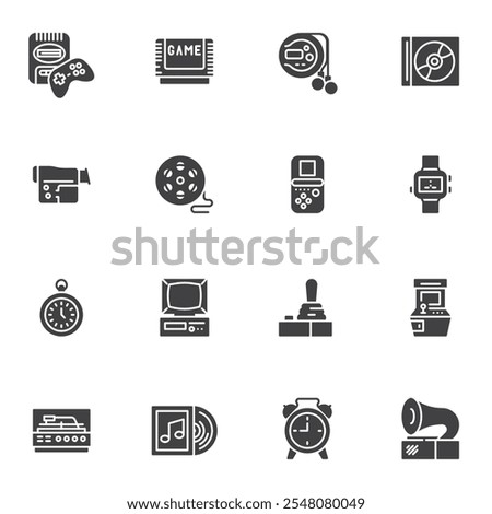 Vintage electronics vector icons set, modern solid symbol collection, filled style pictogram pack. Signs, logo illustration. Set includes icons as console game, cd music player, retro camera, old tv